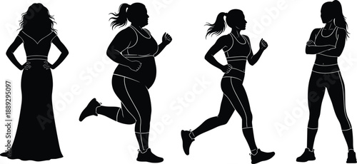 Women body diversity silhouettes set, different female body types jogging standing confident poses, fitness and inclusivity vector illustration