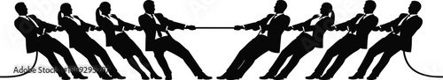 Business tug of war illustration, corporate competition teamwork concept, businesspeople pulling rope silhouette, leadership conflict strategy metaphor, vector illustration