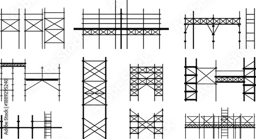 Silhouettes of diverse scaffolding structures with platforms, ladders, and bracing systems used in construction, engineering, and industrial maintenance for safe elevation access