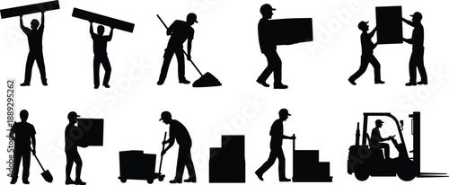 Silhouettes of industrial workers performing manual labor tasks, including lifting, carrying, shoveling, and operating equipment in warehouse and construction environments