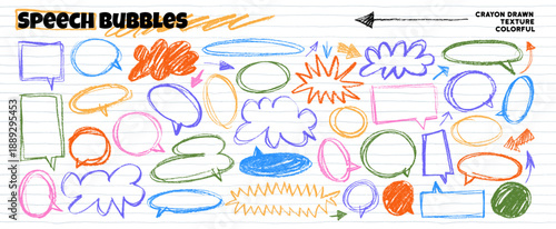 Colorful crayon funky speech bubble collection on lines paper background. Hand drawn childish naive message boxes with chalk or crayon texture. Speech bubble shapes, silhouettes and outlines.