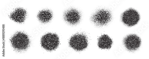Noise grainy dust spray paint dots collection. Dissolve gradient sand dust. Dotwork gradation, noisy paint splatters. Stipple glitter black texture print. Vector graffiti aerosol dots and round shapes
