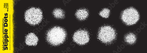 White spray paint stipple dissolve dots on black background. Dotted rounds with noise texture. Grainy spray pint gradients. Dust stipple powder, sugar particles. Vector airbrush aerosol effect.