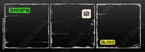 Square scratchy folded torn cover texture set with colorful funky stickers. Hand drawn grunge scratchy frame overlays with rough retro edges. Cd album cover templates or mockups. Vector photo frames.