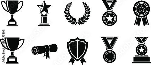 Black and white of awards and trophies trophy medal laurel wreath shield certificate