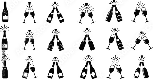 Black and white of champagne bottles and glasses celebration party