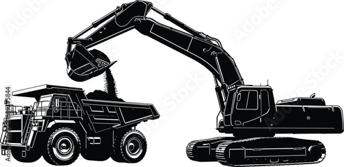 Black and white of excavator loading mining truck construction equipment heavy machinery