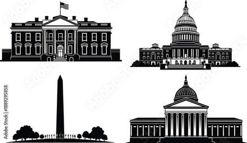 Black and white of famous Washington D C buildings Washington DC White House US Capitol