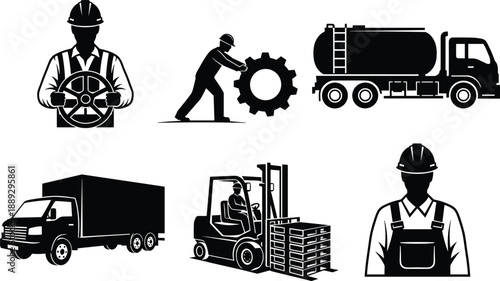 Black and white industrial worker and vehicle silhouettes