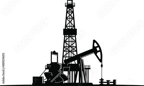 Black silhouette of oil pump jack and derrick on white background industrial