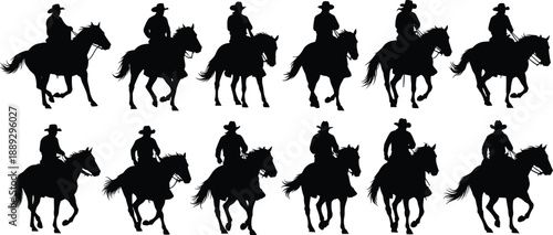 Black silhouettes of cowboys riding horses in various positions white background