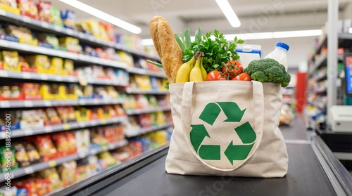 Reusable shopping bag full of groceries and fresh food on a supermarket checkout conveyor belt. Sustainable lifestyle and healthy eating concept.