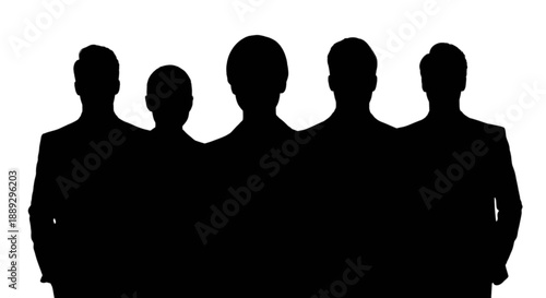 Silhouette of five people standing together isolated on transparent background