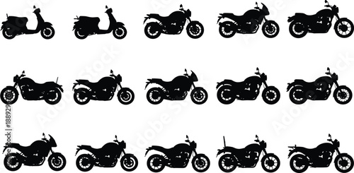 Black silhouettes of various motorcycles on white background bike