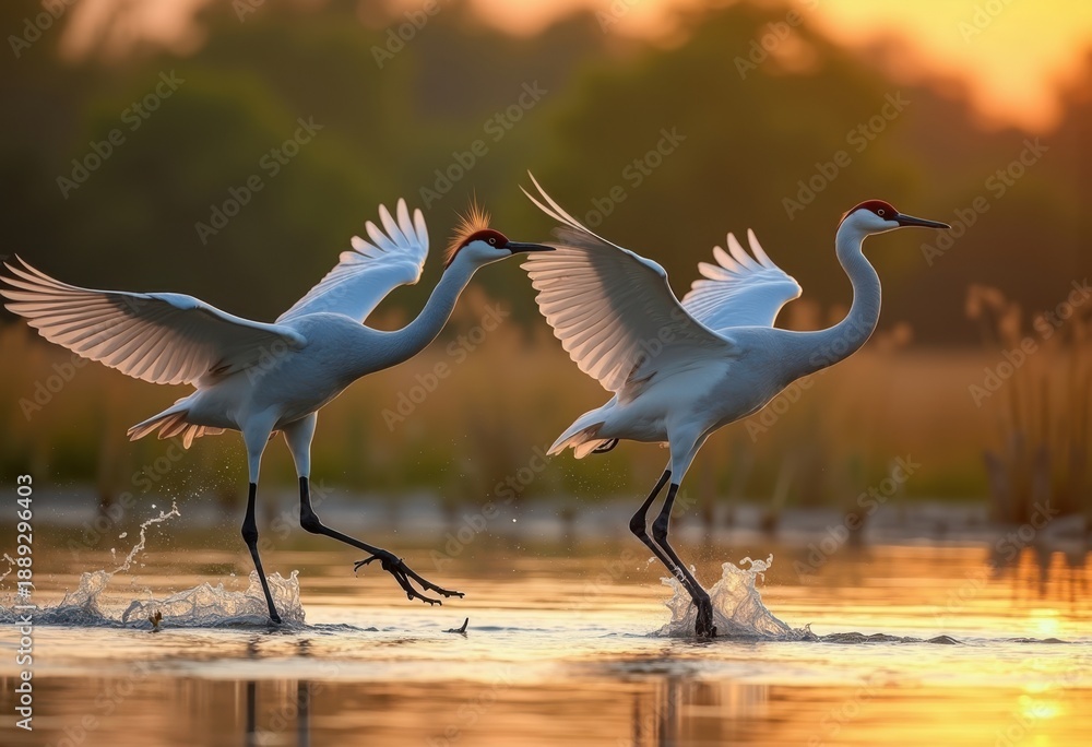 Fototapeta premium Graceful Sandhill Crane Dance Ritual in Vibrant Wetland Marsh during Spring Season