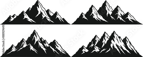 Mountain silhouette set, alpine peaks landscape, black mountain range shapes isolated for outdoor, nature and adventure design