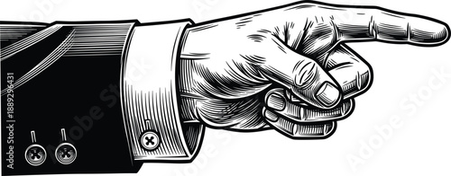 Vintage pointing hand illustration, engraved finger gesture, black and white hand symbol isolated for instruction, direction and signage design