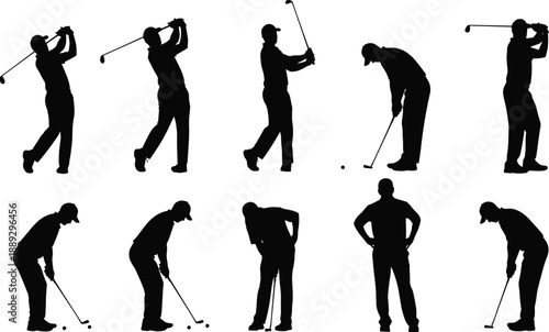 Golf player silhouette set, golfers swinging and putting, black human silhouettes in various golf poses isolated