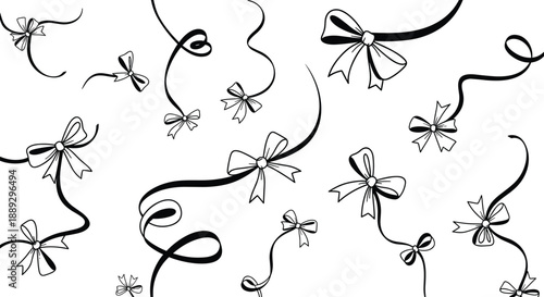 Ribbon bow line art set, decorative bows and flowing ribbons, hand drawn black outline vector illustration collection