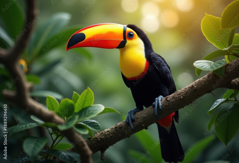 Fototapeta premium Toucan Perched on Branch with Vibrant Oversized Beak Surrounded by Lush Foliage in Exotic Jungle Setting