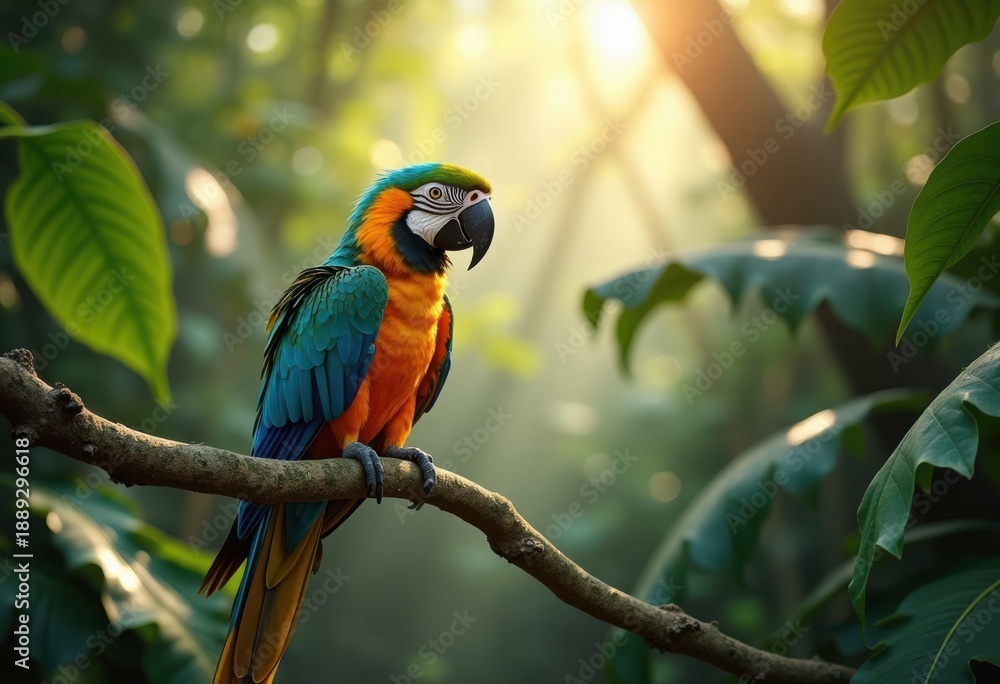 Obraz premium Tropical Parrot Perched on Branch in Dense Rainforest Canopy Surrounded by Lush Green Foliage