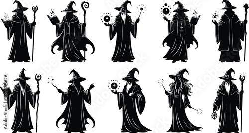 Wizard silhouette illustration set, fantasy mage characters, black magic sorcerer figures, mystical spellcaster vector collection for design