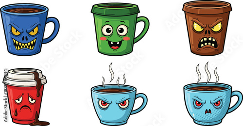 Cartoon coffee cups with different emotions faces