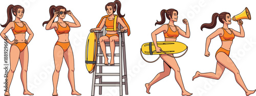 Cartoon lifeguard woman in orange bikini various poses with surfboard