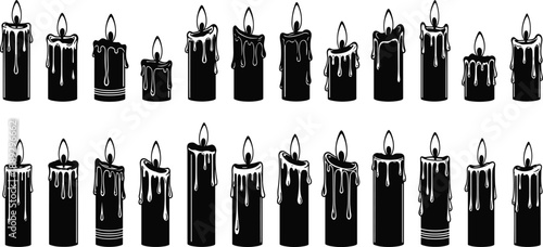 Candle silhouette illustration set, dripping wax candles, burning flame shapes, black candle vector collection for decoration and design