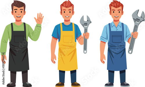 Cartoon men in aprons holding tools and waving wrench