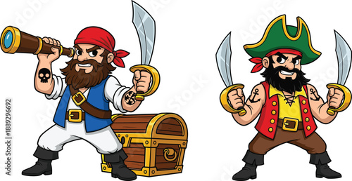 Cartoon pirates with treasure chest and swords telescope