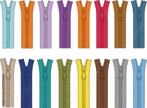 Colorful zippers in various shades and colors