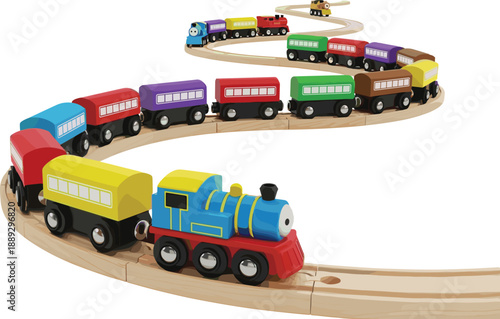 Colorful toy train on wooden tracks with multiple cars train cars children's toy