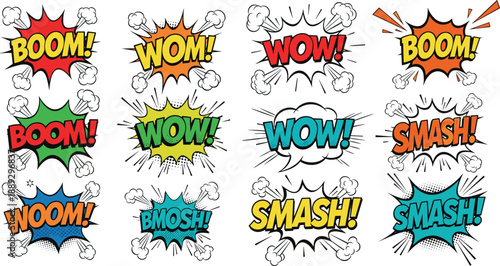 Comic book explosion speech bubbles with dynamic text and colorful effects boom