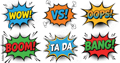Comic book speech bubbles with wow vs oops boom ta da bang