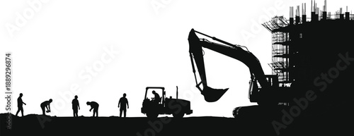 Construction site with workers and heavy machinery silhouettes excavator bulldozer