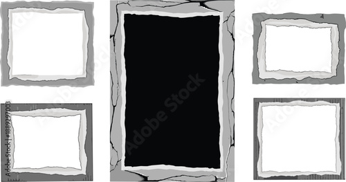 Gray and white torn paper frames with black rectangle