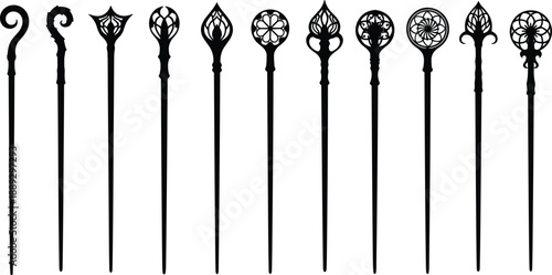 Ornate walking sticks with various decorative tops ornate handles black silhouettes