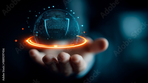 Hand presenting holographic digital shield symbolizing cybersecurity protection data privacy and virtual network defense technology.
