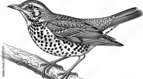 Spotted bird perched on branch in black and white