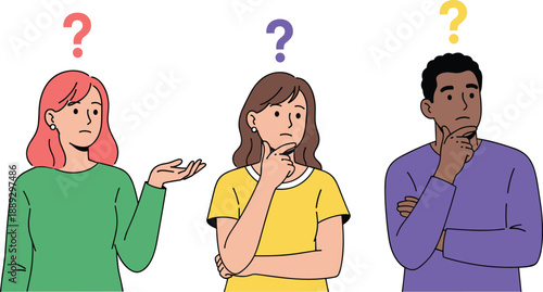 Three cartoon people with question marks thinking confused expressions