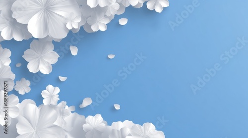 A spring banner background shows cloud dancer white flowers over a blue background with open space for text or other designs.
