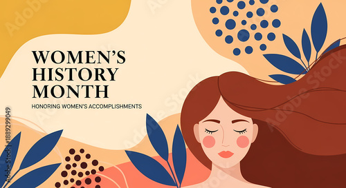 Woman's face is depicted in a modern abstract style celebrating Women's History Month accomplishments with flowing hair and foliage.