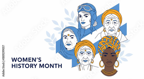 Group portrait illustrates diverse historical women figures celebrating Women's History Month with blue and yellow accents.