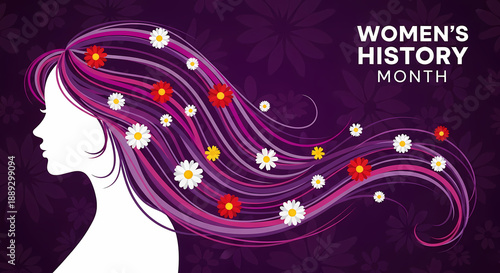 Silhouette profile of a woman with flowing purple hair adorned with colorful daisies celebrates Women's History Month against a dark background.