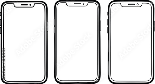 Three mobile phones displayed side by side with blank screens and sleek designs in a modern illustration