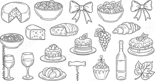 Hand-drawn sketch collection of gourmet food and drink items, including cheese, cakes, wine, and festive bows, perfect for celebrations and culinary themes