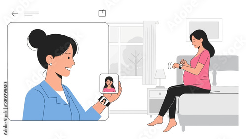 Illustration of a healthcare professional video calling a pregnant woman sitting on a couch in a living room with a soft focus background.