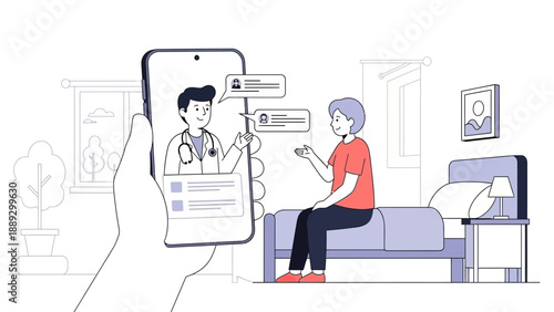 A person sits on a couch in a bedroom, holding a device, as a doctor appears on a smartphone screen held by another hand, displaying a healthcare consultation scene from a slight angle viewpoint.