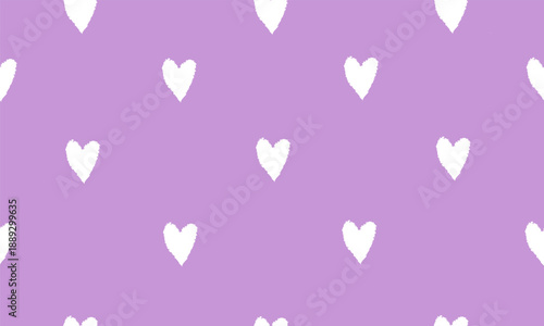 White hand drawn hearts seamless pattern on light purple background. Naive art love symbols. Valentines Day romantic pattern concept for design and print.